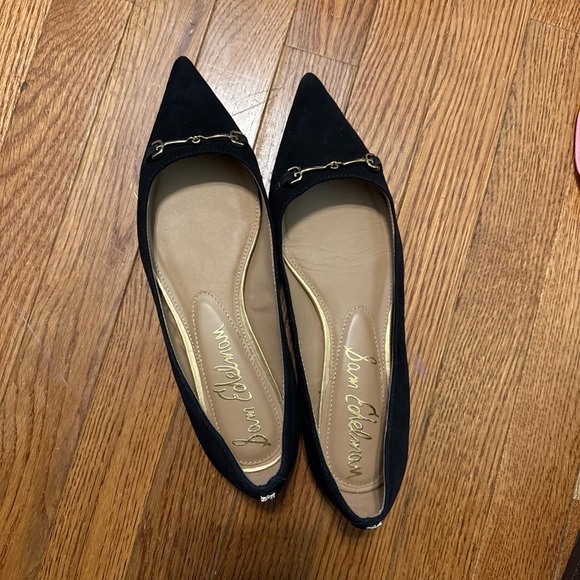 Sam Edelman Women sz 9 Suede Nori Pointed Ballet Flats black gold buckle office - Picture 4 of 11